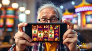 a old man showing a online slot game on mobile phone